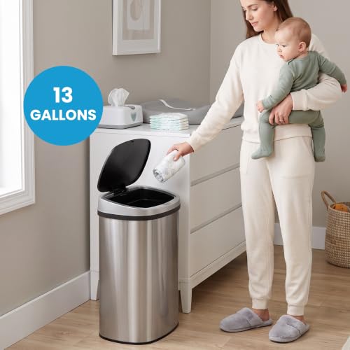 Image of 13 Gallon PRESS-OPEN Diaper Pail - 135 Diaper Capacity Stainless Steel Baby Trash Can with AbsorbX Odor Filter, Extra-Wide Opening, No Refills Needed, for Nursery Diaper & Adult Incontinence Underwear