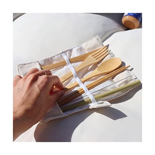 Eßbesteck aus Bambus Picknick und Reise Besteck-Set mit Tasche | Camping Geschirr, Reisebesteck, Zero Waste besteck | Löffel, Gabel, Messer, Eßstäbchen & Strohhalm | Mit Bestecktasche – Bild 6