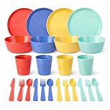 24 Piece Kids Tableware Set – BPA Free Plastic Dinner Set with 4 Plates, 4 Bowls, 4 Cups & 12 Piece Cutlery (Knives, Forks, Spoons) – Reusable Pastel Toddler Dining Set (Brights)