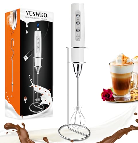 Image of YUSWKO White Handheld Milk Frother Wand with Stand for Coffee, Rechargeable Electric Whisk with 3 Heads 3 Speeds Drink Mixer Coffee Frother For Latte, Cappuccino, Hot Chocolate, Egg