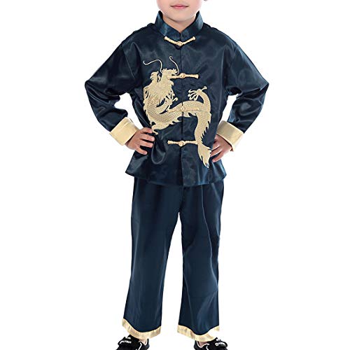 (ボラ-キキ) Bole-kk チャイナ服 太極拳服 武術演出服 キッズ 気功 コスプレ 衣装 子供用 演出服 スポッツ カンフー服 漢服 刺繍 唐装 長袖 上下二点セット (ネイビー, 130)