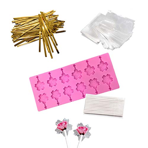 AKINGSHOP Lot de 12 moules à sucettes en silicone avec 50 bâtonnets à sucettes, sacs à friandises, attaches dorées (fleurs de cerisier rose)