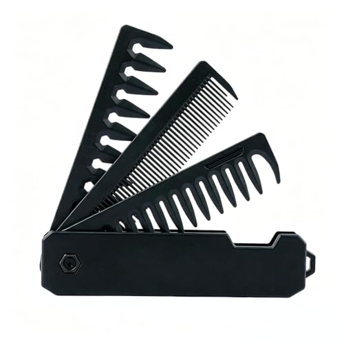 3 in 1 Klappkamm 1pcs Haarkamm und Bartkamm fuer Herren Tragbarer Taschenkamm Styling Kamm Grobzinkiger Kamm Lockenkamm Schuppenkamm und Straehnenkamm fuer Tägliche Haarpflege Maenner Schwarz