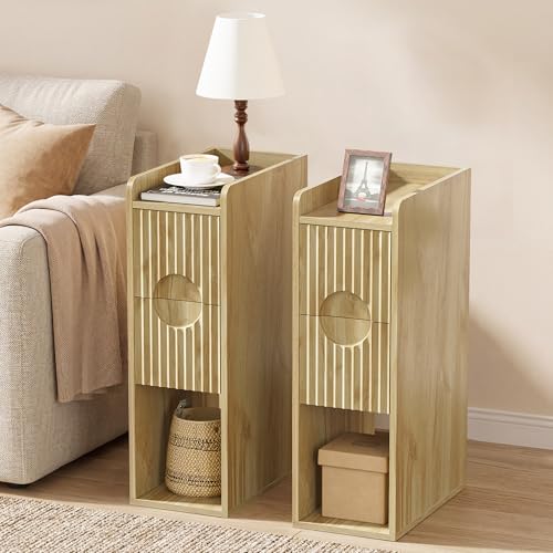 HOCAT Narrow Nightstand Set of 2, Wood 2 Drawer Narrow Nightstand, Skinny Night Stand with Open Storage, Mid Century Modern Slim Bedside Table for Bedroom, Natural Oak