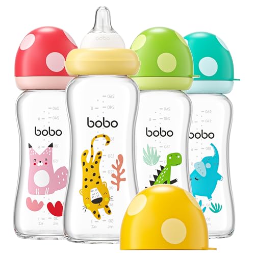 Image of YOHKOH Natural Glass Baby Bottle with Natural Response Nipple, Newborn Anti-Colic Baby Bottles, Wide Neck Mushroom Cap Baby Bottle, Clear (8.8ounce (Pack of 4), Multicolour2)
