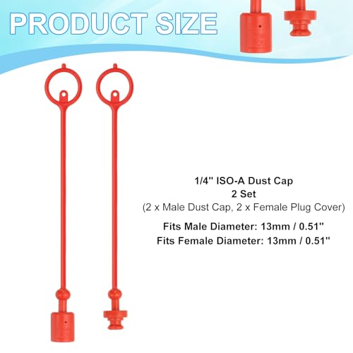 Image of PATIKIL 1 /4 inch ISO-A Hydraulic Coupler Male Dust Cap and Female Plug Cover, Set of 2 Rubber Quick Disconnects Port Plug Cover Fittings Red Cap with Retention Ring