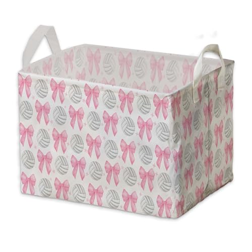 Image of Pink Bows Volleyballs Storage Baskets for Pink Nursery Decoration Bin, Foldable Storage Box Organizer for Clothes Toys Nursery, Large Canvas Laundry Hamper for Bathroom Bedroom Living Room