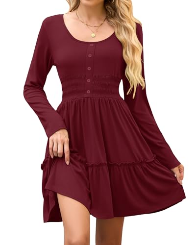 AUSELILY Womens Fall Dress 2025 Long Sleeve Tank Button Down Dresses Ruffle Tiered Smocked Elastic Waist Casual Mini Dress2