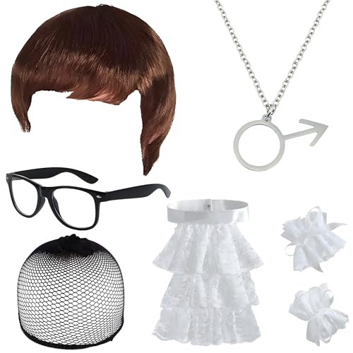 MOSNOW Mens 60s Spy Costume Role Play Outfit with Wig Sunglasses & Necklace Complete Movie Character Set for Masquerade Balls & Cosplay Events - Adult Mens Costume