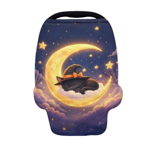 Image of Wanyint Baby Car Seat Cover Nursing Scarf Car Seat Canopy Shopping Cart High Chair Cover Protect Babies and Breastfeeding Mothers Halloween Decoration, Black Cat Witch Moon Star