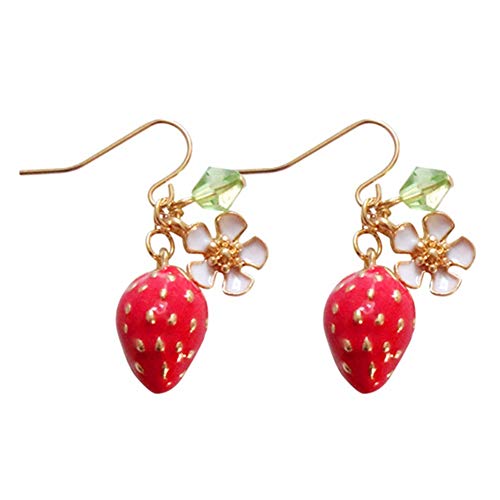 3D Cute Sweet Red Strawberry Charms Studs Golden blossoms White Cherry Blossom Flower 18K Gold Plated Dangle Earring