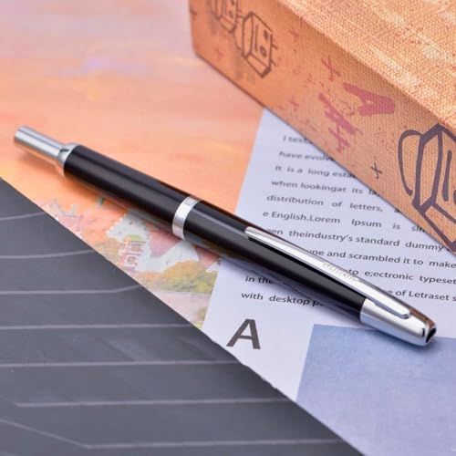 Image of GOLD LEAF Jinhao 20 Press Retractable Fountain Pen - Fine Nib with Converter - Plastic Body & Metal Clip - Multiple Colors - Smooth Writing Pen (No Ink Included) (Piano Black (Silver Clip))