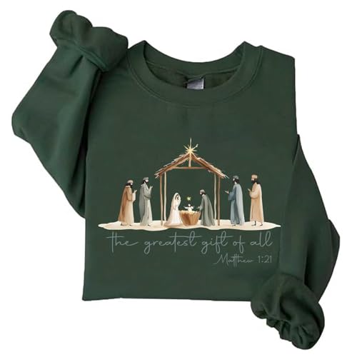 Image of TONGCHEN The Greatest Gift of All Jesus Nativity Christian Christmas Religious Sweatshirt for Women (US, Alpha, Large, Regular, Regular, Army Green)