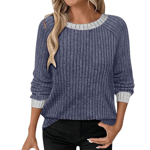 Suéter de punto para mujer, de punto vertical, de forro polar, liso, a rayas, cuello redondo, manga larga, para otoño e invierno, sudadera casual, azul oscuro, XL