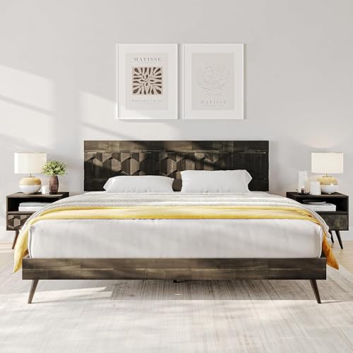 Image of Bme Georgina King Size Bed Frame and Headboard, Signature Handcrafted Geometric, US Patent Pending Design, Solid Wood, No Box Spring Needed, 12 Strong Wood Slats Support, Easy Assembly, Mocha