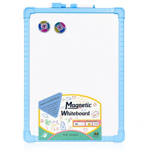 Image of YAJNAS Double-Sided Magnetic Whiteboard with Colorful Frame, 25x35 CM, Pack of 1, Includes 1 Marker Pen & 2 Magnets, Reusable Dry Erase Writing Board for Kids, Students, Teaching, Home & Office