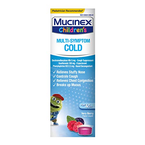 Mucinex Children's Multi-Symptom Cold Relief Liquid- Relieves Stuffy Nose, Chest Congestion, Cough & Mucus, Expectorant & Cough Suppressant With Dextromethorphan, Guaifenesin, Phenylephrine, 4 oz.