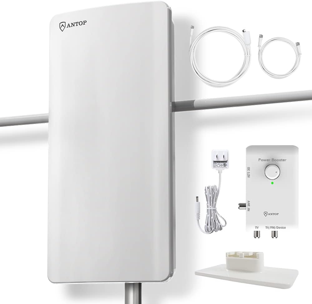 AT-800SBS HD Smart Panel Antenna with Smart Boost System, VHF Enhanced Amplified Indoor Outdoor TV Antenna，Support 2TVs or A Second Device