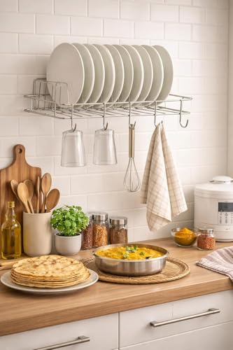 Image of Cri8Hub Multipurpose Wall Hanging Stainless Steel Big Mug,Cup & Saucer Holder, Plate Organizer Space Kitchen Saving Rack Utensil Kitchen Rack (Stainless Steel), Hanging Shelves, Standard