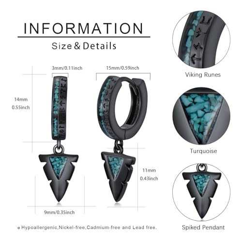 Gothic Punk Black Viking Runes/Wolf Head/Valknut Drop Dangle Earrings For Man 925 Sterling Silver Spike Dangle Drop Huggie Hoop Earrings Viking Jewelry Gifts for Women4