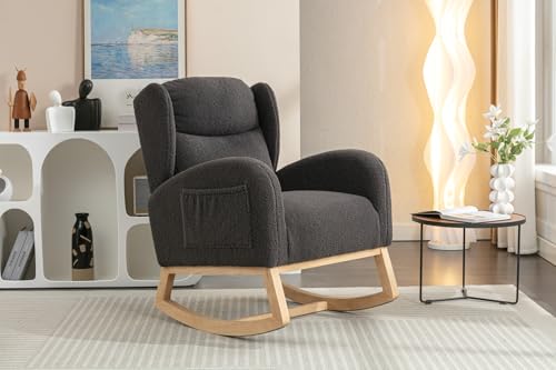 TURRIDU Teddy Upholstered Rocking Chair with High Wingback Support and Side Pocket, Modern Glider Rocker for Living Room, Bedroom, Balcony, Dark Gray
