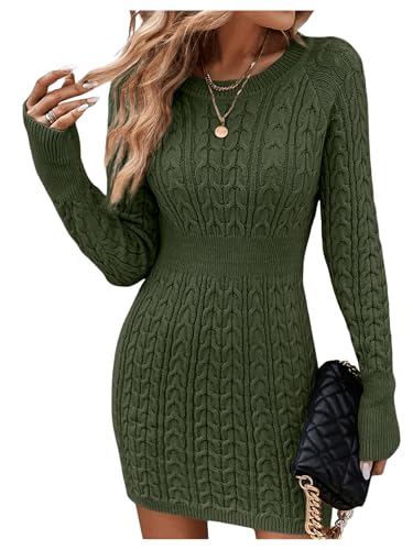 GORGLITTER Women's Knitted Jumper Dress Ladies Long Sleeve Bodycon Sweater Dress Fall Winter Pencil Mini Dresses Army Green M