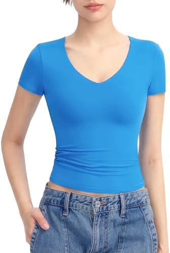 PUMIEY Women’s V Neck Short Sleeve T Shirts Slim Fit Going Out Tops Sexy Basic Tee Sharp Collection