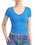PUMIEY Summer Tops for Women V Neck Short Sleeve T Shirts Sexy Going Out Tops Basic Slim Fit Tee, Pool Large