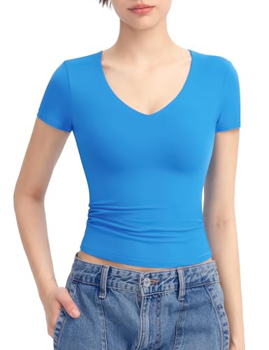 PUMIEY Summer Tops for Women V Neck Short Sleeve T Shirts Sexy Going Out Tops Basic Slim Fit Tee, Pool Large