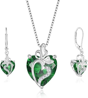 Butterfly Jewelry Set for Women 925 Sterling Silver Emerald Necklace and Earrings Set May Birthstone Jewellery for Her