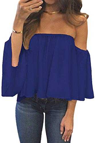 Bluetime Women Off The Shoulder Tops Short Sleeve Boho Chiffon Ruffles Casual Tunic Blouses (M, Blue)