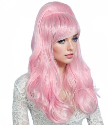 Image of Linfairy Long Wavy Pink Wig Big Bouffant Beehive Wigs for Women fits 50s 80s Costume