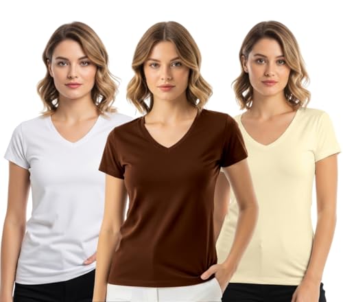 Image of JUNEBERRY Women's Cotton Lycra Regular Fit V- Neck Solid Core Half Sleeve Combo T-Shirt (Pack of 3)