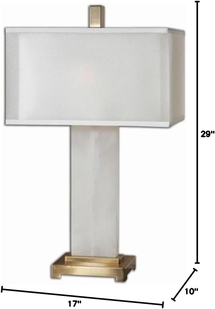 Bowery Hill Contemporary Metal Table Lamp, 29 in Tall, Alabaster Base with Coffee Bronze Accents, Double Hardback Shade, White Linen Finish, Indoor Use, 2-Light Design for Living Room or Bedroom Decor