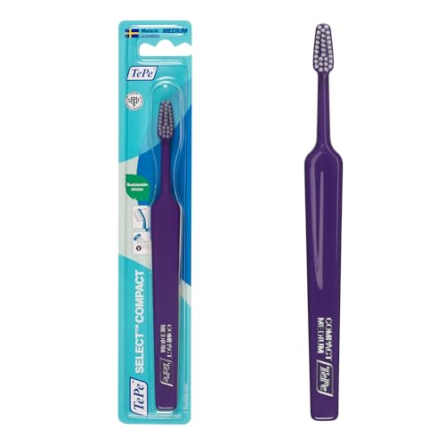 Cepillo de dientes TePe Select Compact, Medio, 1 ud., limpieza eficiente y de fácil acceso con cabezal cónico, cepillo de dientes mediano para adultos (Paquete de 6)