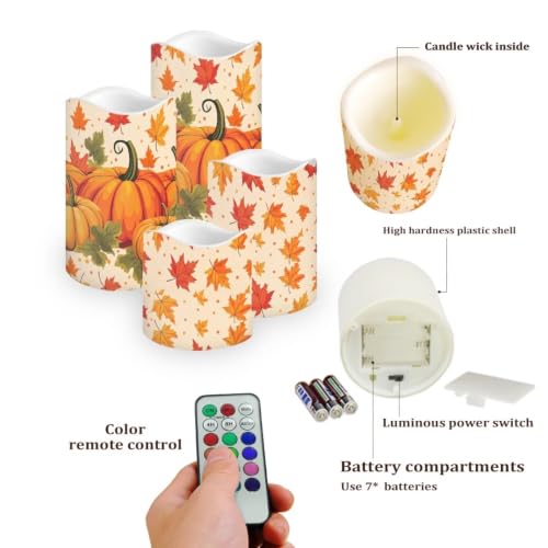 Image of Thanksgiving Day Color Changing Electric Candles | Pumpkin Flameless Candle Set with Remote Control, Battery Operated Fake Candles for Kitchen Room Home fall decor, 4 Pack