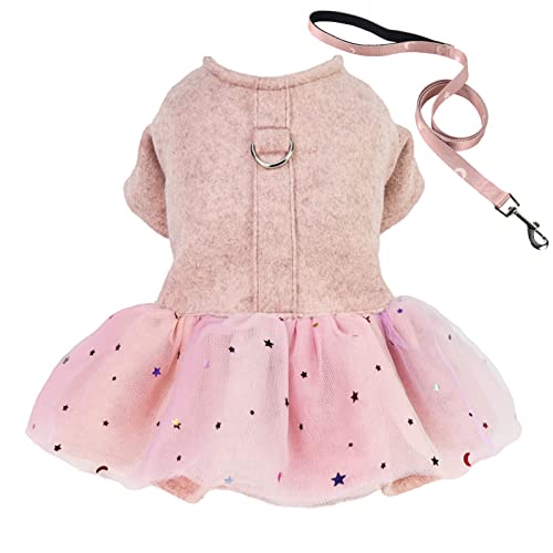 Dog-Tulle-Dress-Harness-with-D-Ring-Leash-Set-Dog-Winter-Clothes-for-Small-Dogs-Girl-Cat-Apparel-Woolen-Pink-X-Small