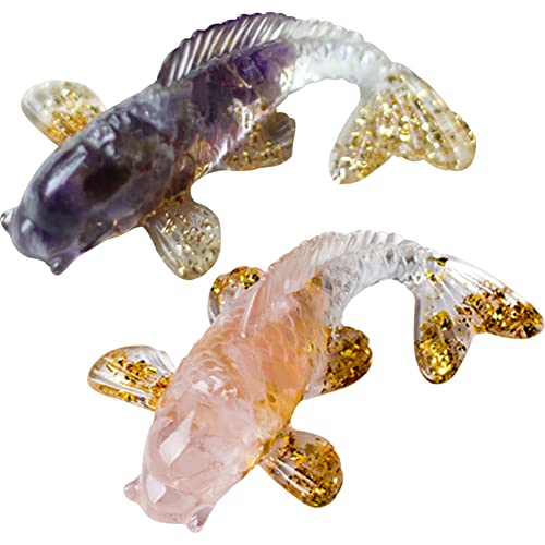 YUYAKESHI 魚 ペア 置物 風水物 オブジェ 鯉 さざれ石入れ 天然石 インテリア 樹脂 装飾 小物 金運 開運 招財進寳 マスコット(ピンククリスタル+アメジスト)