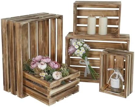 Set of 5 Large Wooden Crates, Nesting Storage Crate with Handles,...