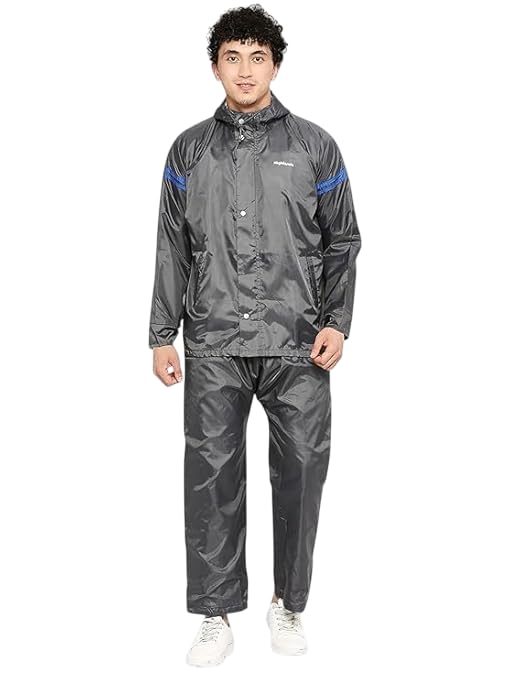 Reversible Polyester Taffeta PVC Rainsuit Hooded Jacket Pant Contrast Strips Double Flap Button Closure Detachable-image-30