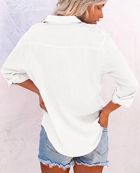 siliteelon Button Down Shirts for Women Cotton Dress Shirts Long Sleeve Blouses Solid Casual Collared Tops with Pockets - Image 2