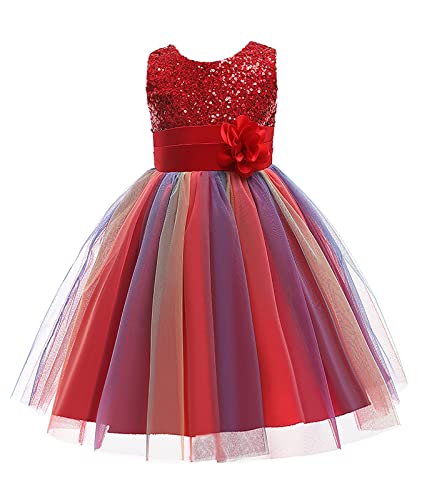 Sleeveless Mesh Sequin Rainbow Wedding Party Flower Girl Dress