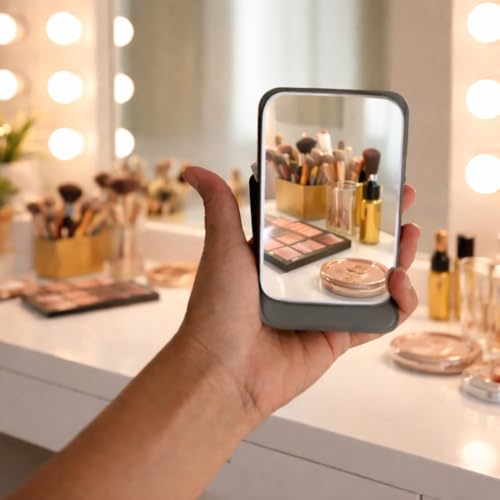 Image of Travel Mini Makeup Mirror(11 x 7 cm),Portable Folding Mirrorwith Stand,Light Weight and Slim Design for Purse,Travel,Use Anywhere,Easy Portability,Fits in Purse,Bag,Pocket (Grey, Pack of 1)