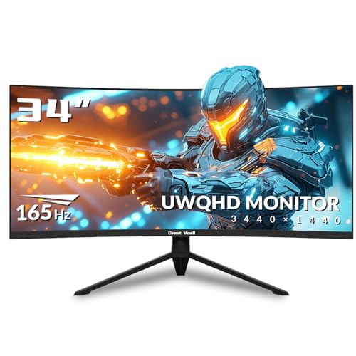 34 Inch Gaming Monitor Curved 165Hz UWQHD 3440x1440, Ultrawide Monitor, 1500R, 1Ms, 99% sRGB, HDMI 2.0, DP 1.4, FreeSync, HDR, Anti-Blue Light Eye Protection, VESA, Can Be Tilted