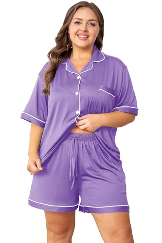 Image of Vozanet Women's Plus Size Button Down Pajamas Soft Lounge Sets Shorts with Pockets Bride Nighty Solid Soft Pjs 1x to 5x