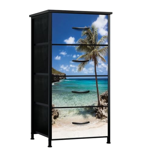 VETEB Dresser for Bedroom Palm Tree Tropical Beach Palm Tree Pictures Royalty Free Small Tall Clothes Dresser for Closet Organizers with 4 Chest of Drawers Fabric Storage Bins Dressers