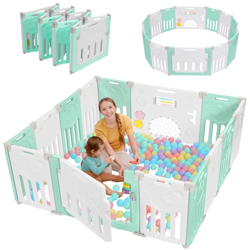 Image of Dripex Baby Playpen, 14-Panel Foldable Playard for Toddlers 6-36 Months, Adjustable & Portable Indoor Outdoor Safety Play Area with Anti-Pinch Design, Game Panel and Safety Gate, Light Green White