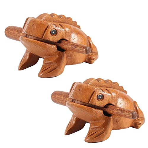 DRERIO Instrumento de percusión de rana de madera, 2 piezas de rana pequeña, guiro, sapo de madera, instrumento musical, fabricante de ruido de rana, bloque de tono de madera con palo para decoración Cover