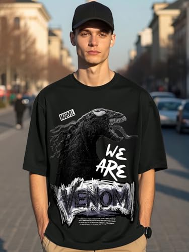 Image of Bewakoof X Marvel Venom Men's 100% Cotton Graphic Print Oversized Fit Half Sleeve Round Neck T-Shirt | Casual Wear | Street Wear | Oversized t Shirt for Men Cotton | Baggy