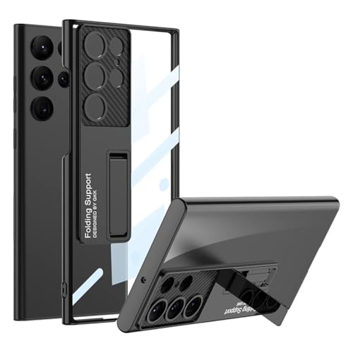 Image of TechTrendz for Samsung Galaxy S25 Ultra Back Cover with Stand, Electroplating Phone Case Clear Hard PC Kickstand Shockproof Cover for Galaxy S25 Ultra Camera Protection Cover (Transparent, Black)